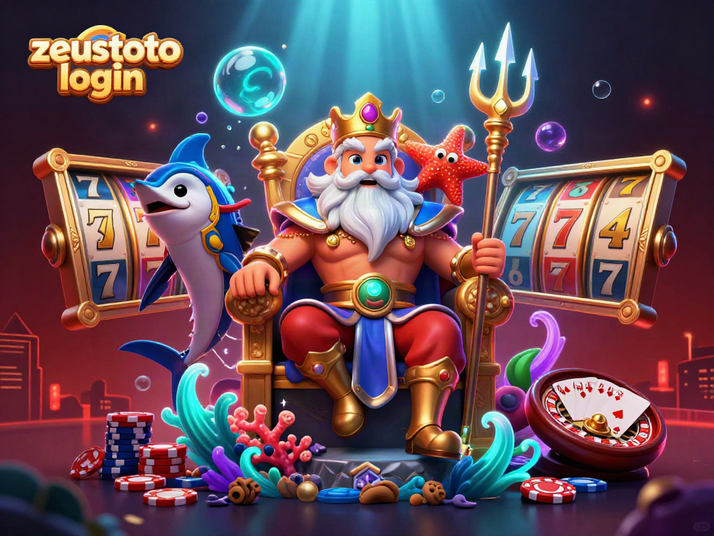 Experience the zeustoto login adventure with Neptune and casino elements in this vibrant illustration.