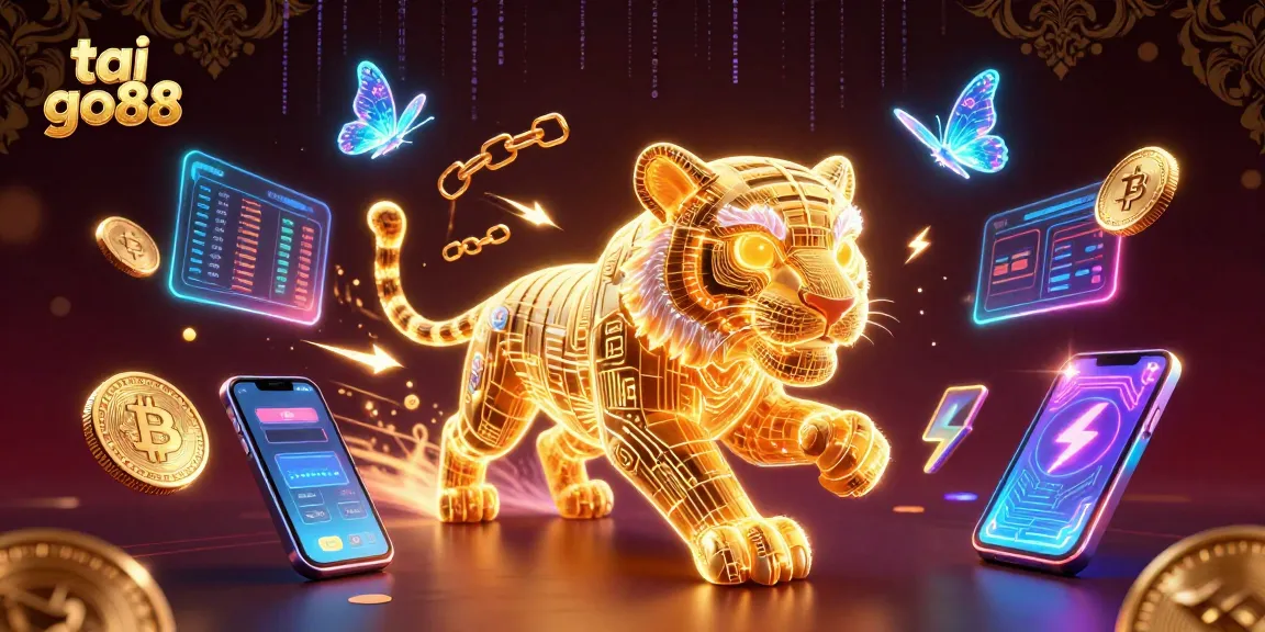 Tai go88 features an energetic digital landscape, showcasing a glowing golden tiger amidst dazzling casino elements.