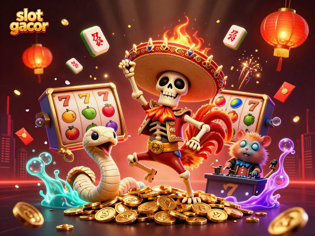 Experience slot gacor excitement with a vibrant 3D casino scene featuring colorful slot reels and festive characters.