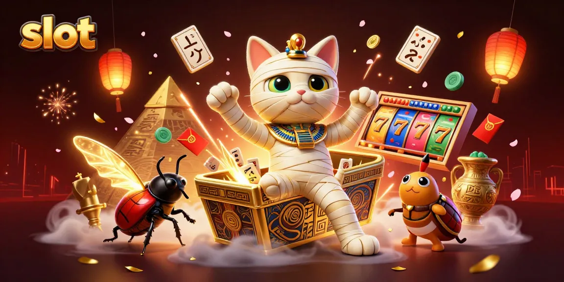Spin and win with vibrant slot reels in a digital casino scene featuring a mummy cat and scarab beetle.