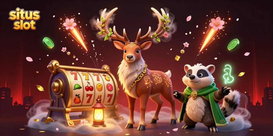 Engage with the magical situs slot environment featuring slot reels, lucky symbols, and enchanting characters.