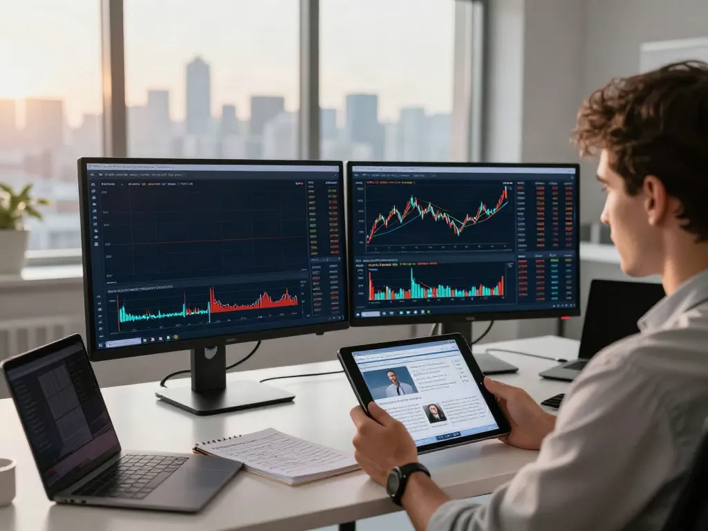 Traders engaging with MetaTrader 5 on monitors and tablet in a professional office setting.