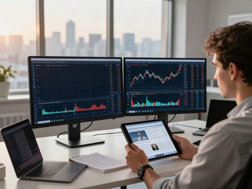 Traders engaging with MetaTrader 5 on monitors and tablet in a professional office setting.