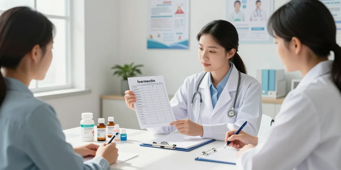 Medical professional explaining ivermectin dosage for humans in a clinical setting with dosage charts and products.