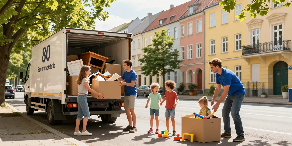 Sperrmüllabholung 80 Euro Berlin service depicted with a family efficiently loading old items for quick pickup, showcasing community and reliability.
