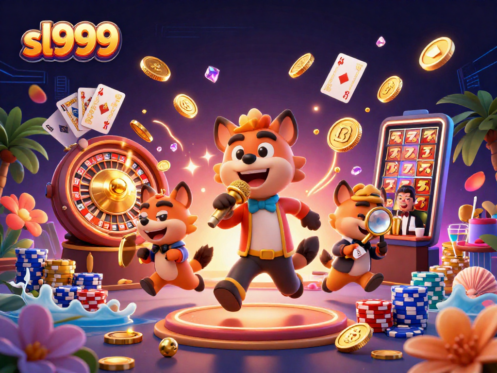 Experience sl999 at a vibrant casino cabaret with hyenas, golden coins flying, and exciting atmosphere.
