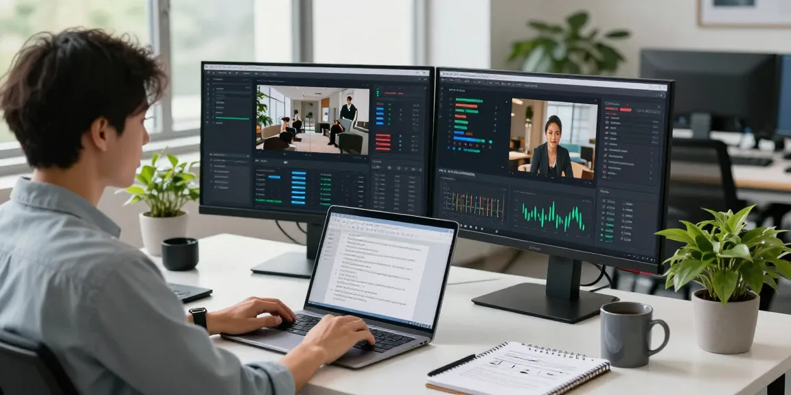 AI image detector analysis in a modern workspace with dual monitors and vibrant analytics.