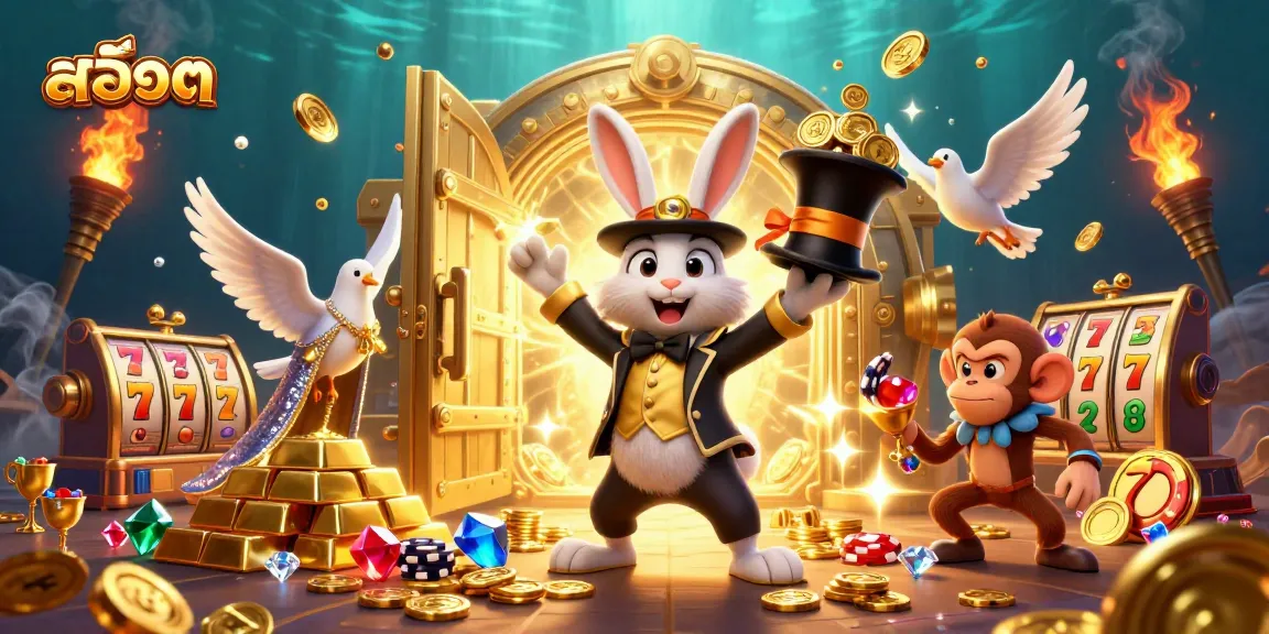 Engaging scene of สล็อต with a magician rabbit, dove, and monkey surrounded by casino treasures.