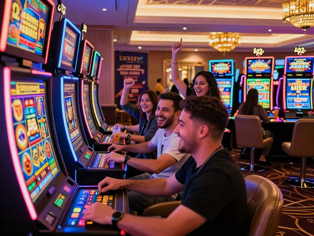 Players celebrating wins at luxury12 slot gaming lounge with vibrant atmosphere and exciting ambiance.