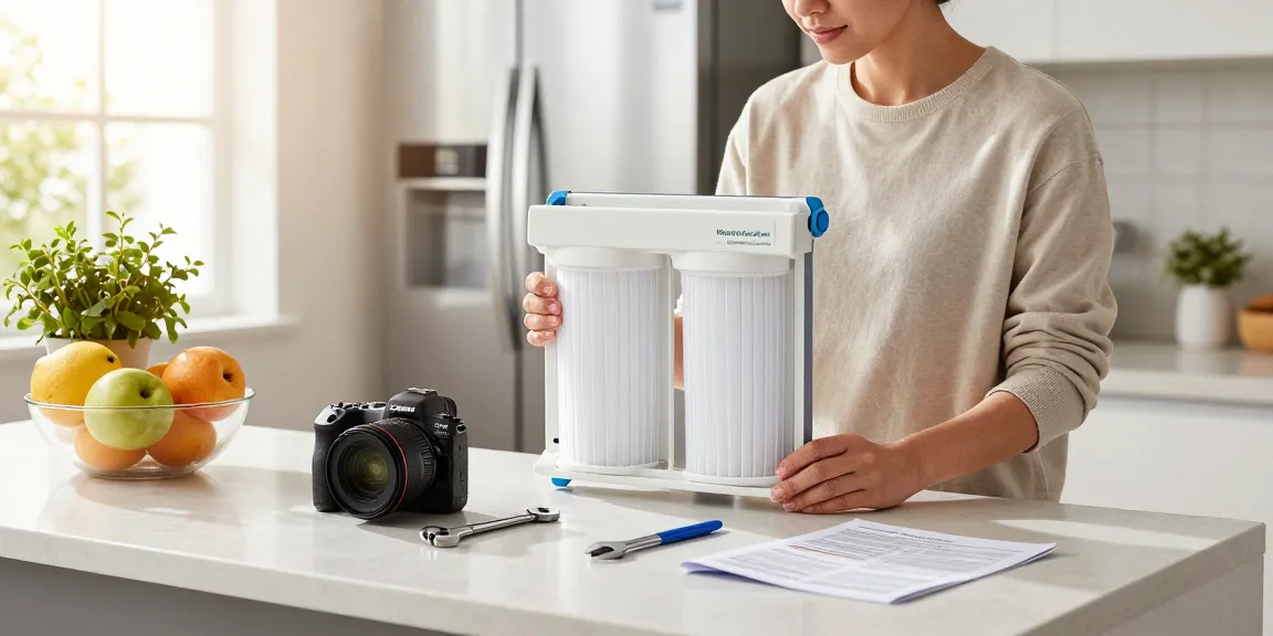 Person installing a Waterdrop Replacement filter for Frigidaire® & Electrolux® Paultra® Refrigerator Air Filter in a bright kitchen.