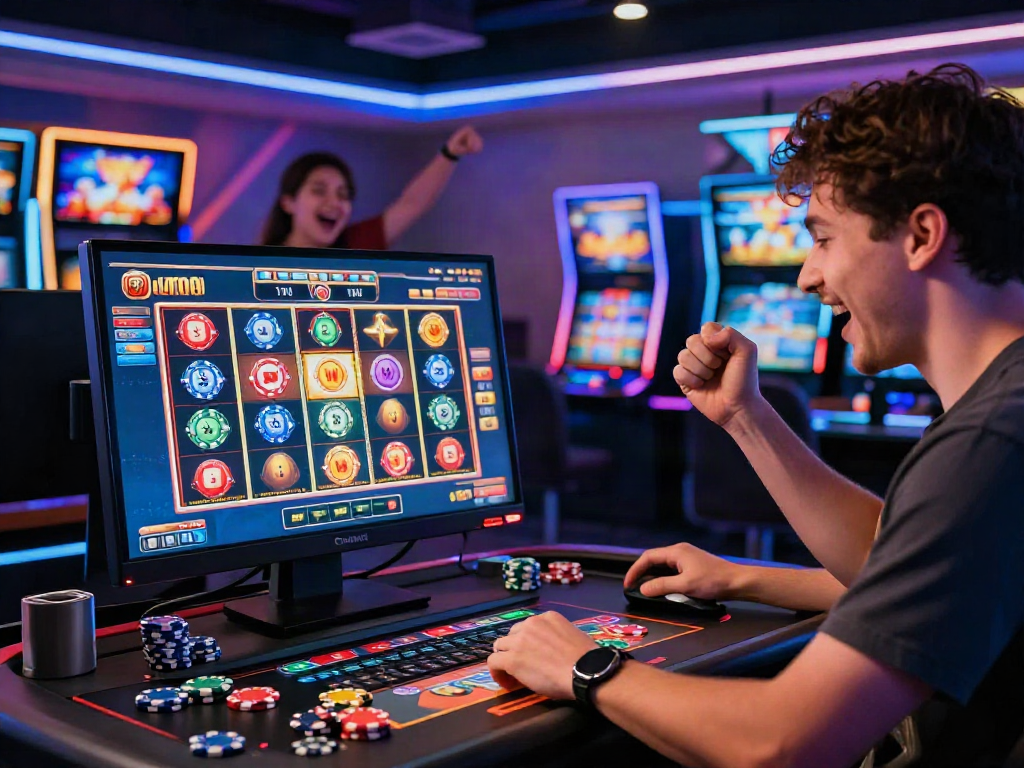 Excited player enjoying the slot bonus new member 100 in a vibrant online casino environment.