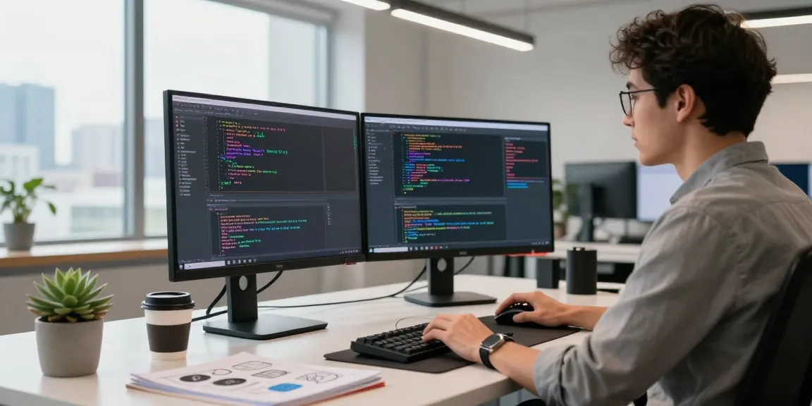 Developer coding in a modern workspace featuring 纸飞机中文版 on dual monitors, showcasing a productive tech environment.