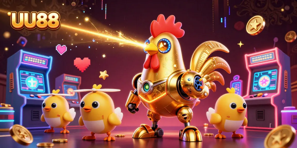 Experience exciting gaming with UU88 featuring colorful machines, a golden rooster robot, and baby chick drones.