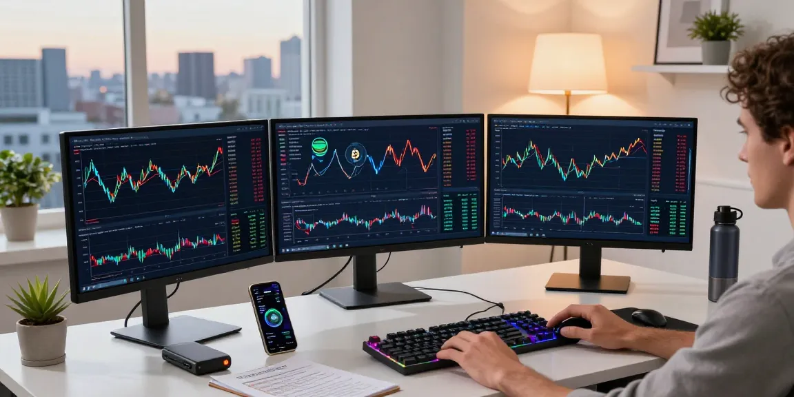money6x.com make money online in a professional crypto workspace with monitors, charts, and digital wallet.