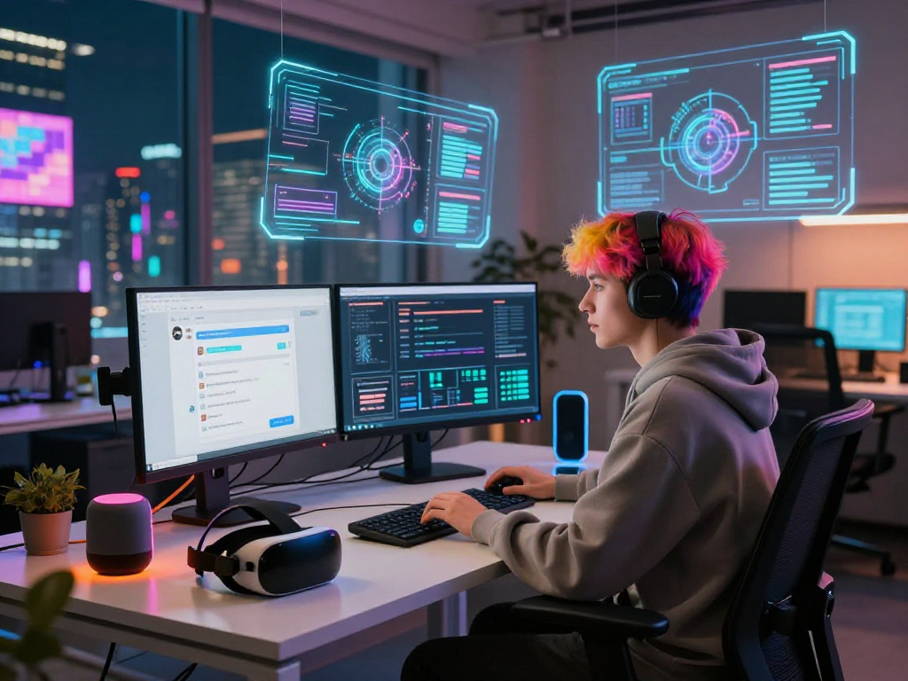 Engaged developer working on ai nsfw chat interface in a futuristic workspace