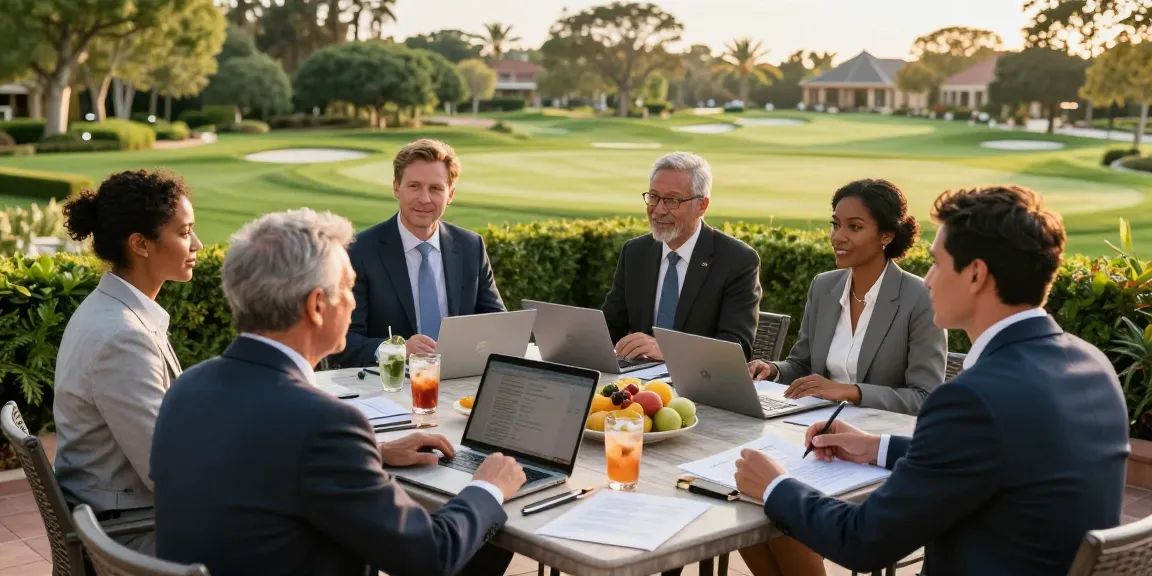 Group of executives discussing private club executive careers outdoors at a scenic private club.