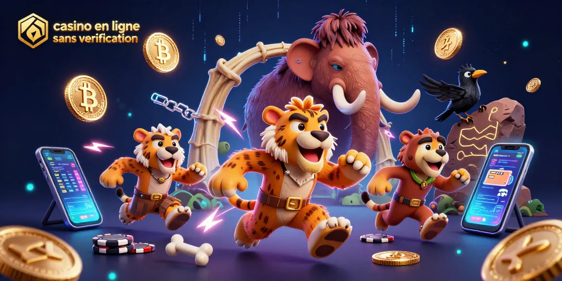 Plongez dans l'univers du casino en ligne sans vérification, avec des personnages fascinants et des pièces de cryptomonnaie flottant autour.