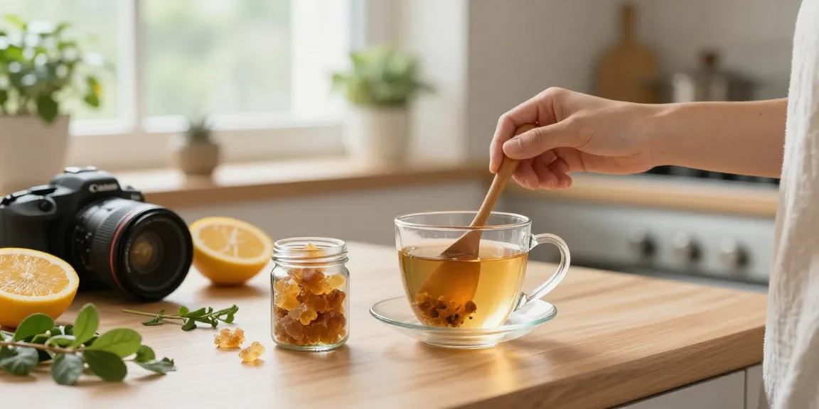 Integrate authentic shilajit resin Australia in a wellness kitchen with herbal tea and fresh ingredients.