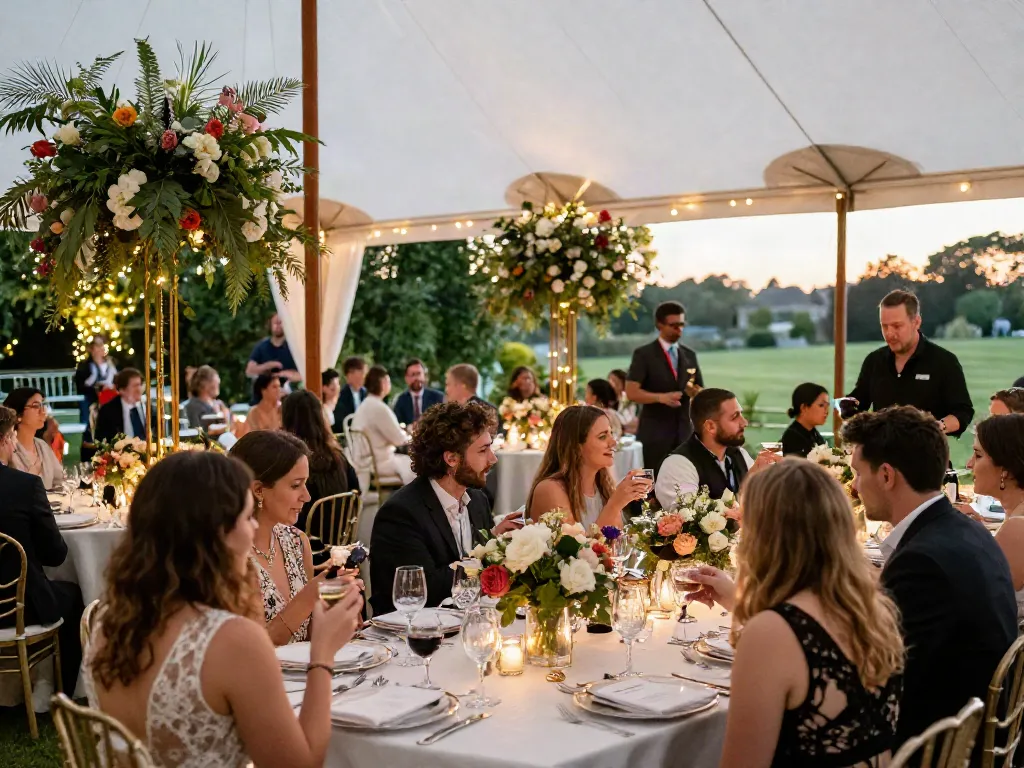 Event rentals set up for a luxurious wedding reception with elegant decorations and vibrant atmosphere.