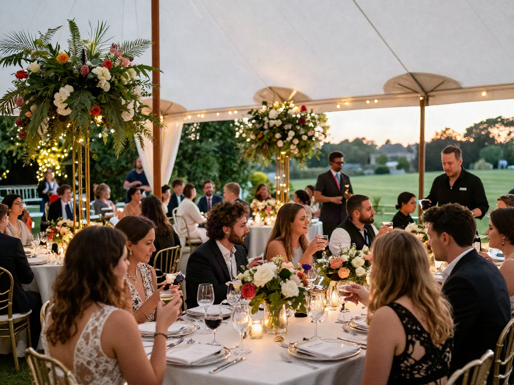 Event rentals set up for a luxurious wedding reception with elegant decorations and vibrant atmosphere.