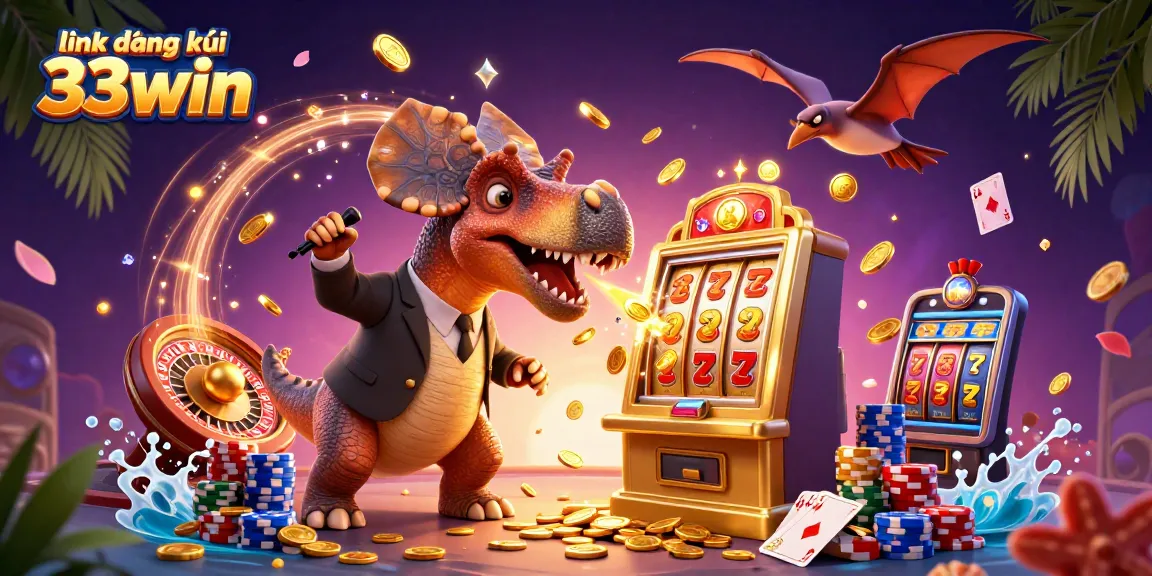 Experience the excitement of link đăng ký 33win as a cartoon character interacts with a sparkling slot machine.
