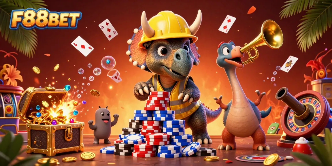 Celebrate winnings with F88BET in this vibrant 3D casino scene filled with dynamic characters and gaming elements.