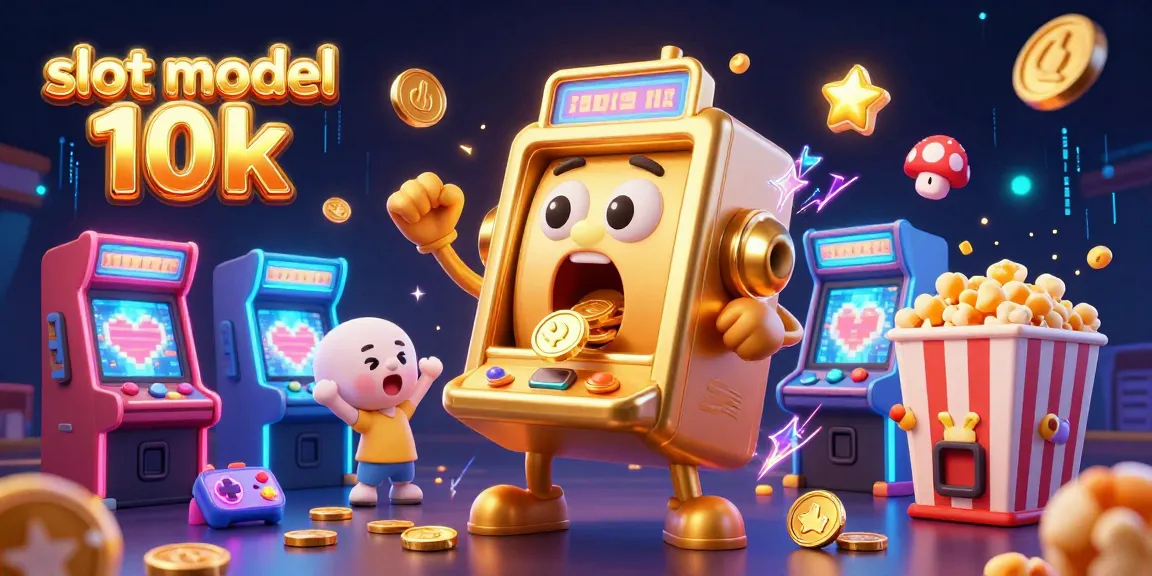 Engage with slot modal 10k as the golden slot machine hits a jackpot, surrounded by cheering mini slots.
