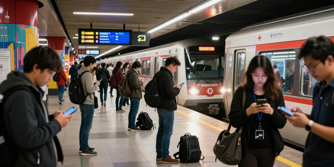 Live subway service alerts displayed in busy urban station with commuters checking updates.