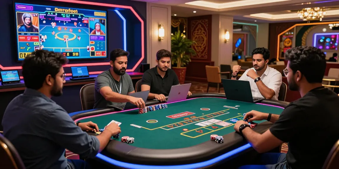 Engaged participants playing Andar Bahar at a vibrant live casino table with colorful lighting.