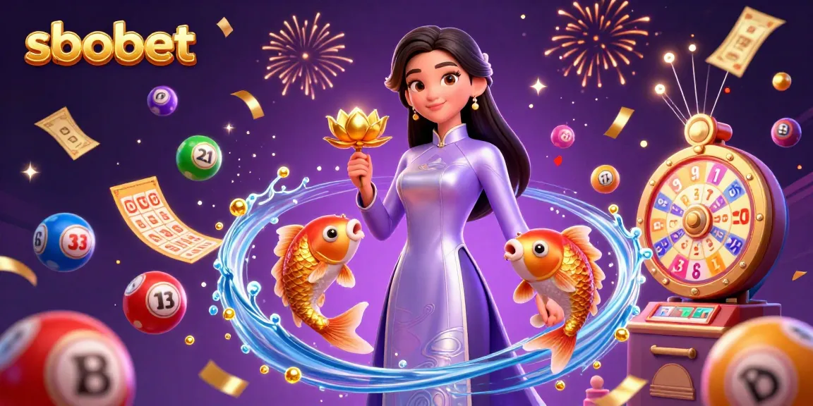 Experience sbobet's thrilling gameplay surrounded by vibrant lottery elements and a stunning Asian character.