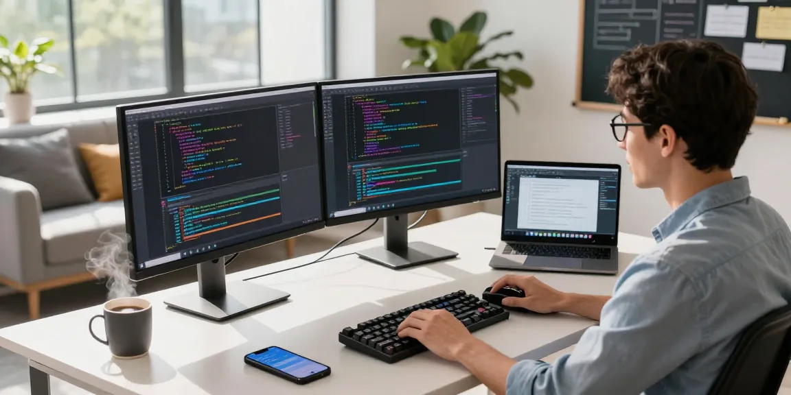 快连 software developer coding with dual monitors in a modern office.