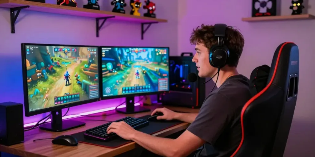 Engaged gamer playing on dual monitors with vibrant game interfaces, highlighting mposlot excitement in an immersive online gaming environment.