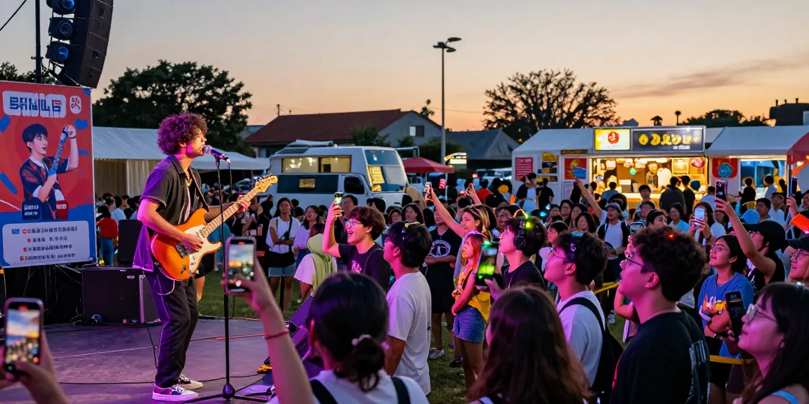 Engaging music promotion at a festival with a performing artist, vibrant atmosphere.