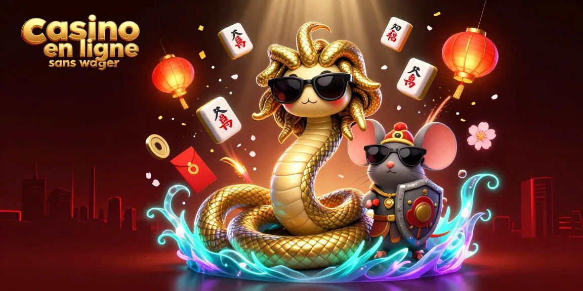 Illustration captivante "casino en ligne sans wager" avec Méduse et un souris guerrier, décorée d'éléments de jeu.