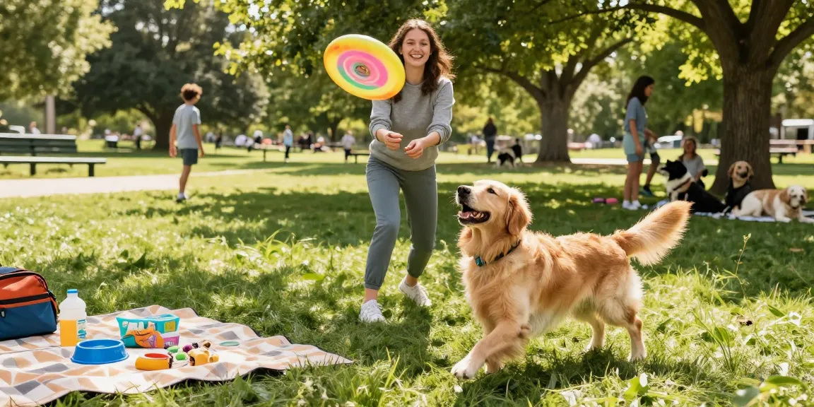 Active dog fetching frisbee in a sunny park setting with NAGA2000 pet supplies nearby.