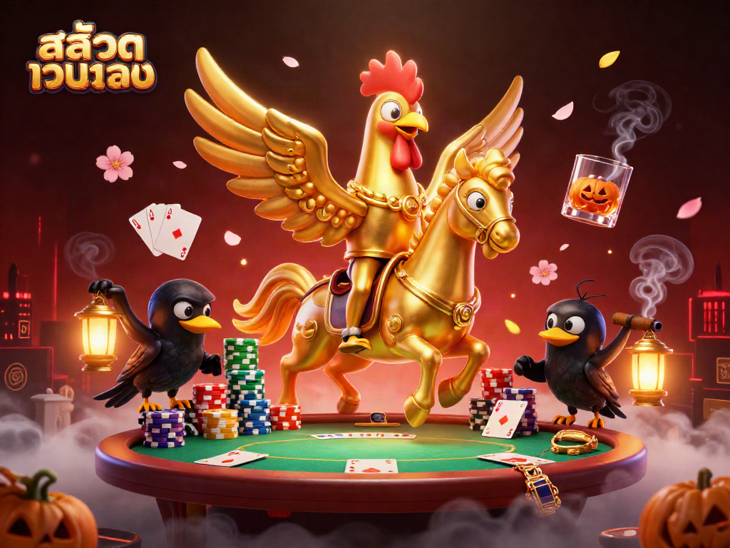 Engage with สล็อตเว็บตรง gaming as a golden rooster revels in a vibrant casino scene.