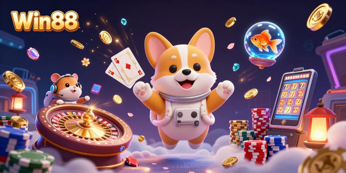 Win88 astronaut corgi plays in a space casino with coins, roulette, and vibrant action-packed elements