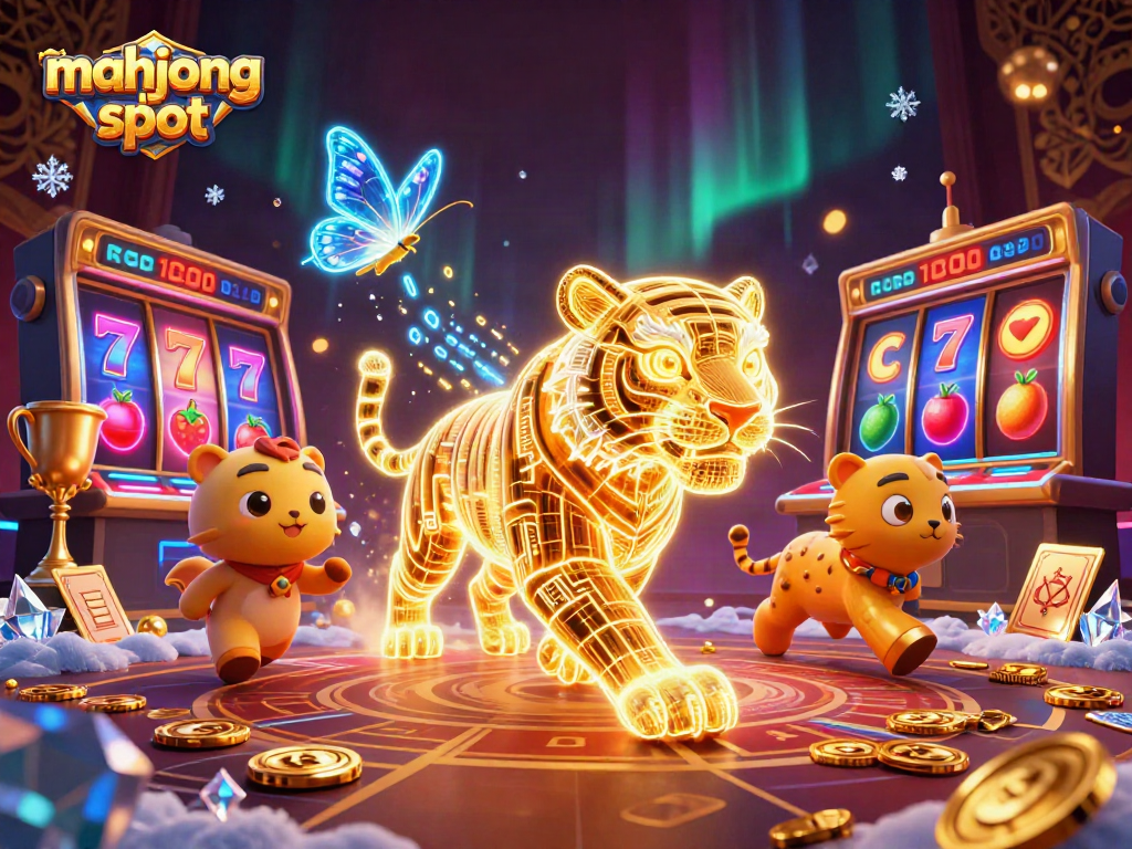 Engage with mahjong slot gameplay featuring vibrant slot reels, neon lights, and a golden tiger.