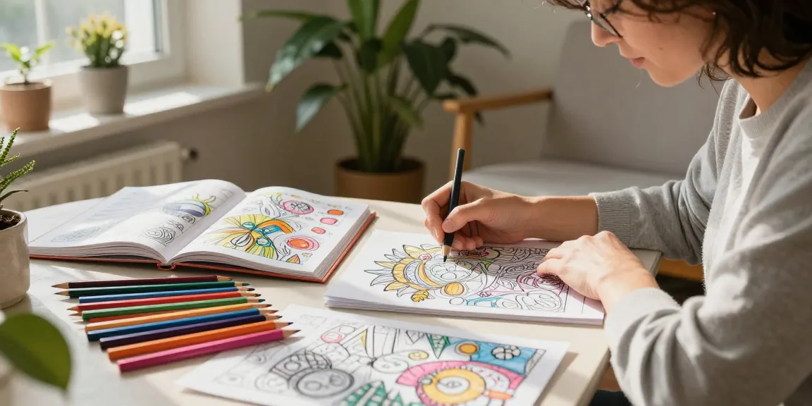 Coloring for stress relief scene in a cozy home with an adult coloring intricate designs and surrounded by art supplies.