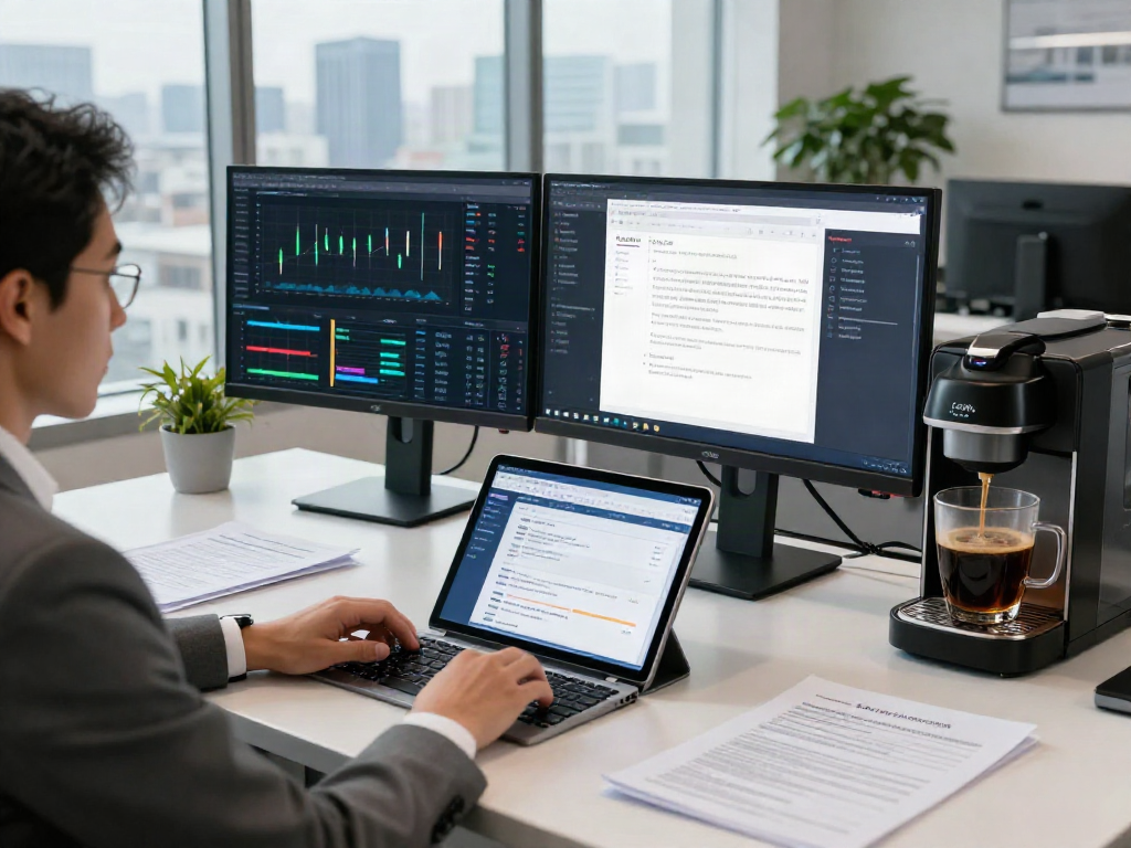 Data analyst using document fraud detection software in a modern finance workspace.