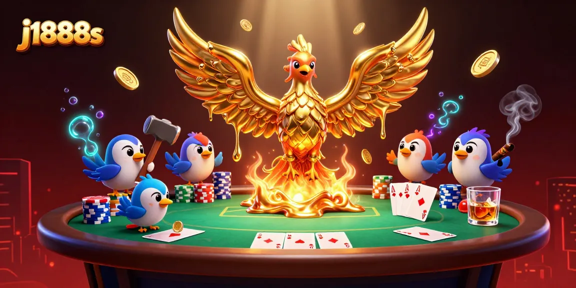 Experience thrilling action in j1888s with a dynamic illustration of a golden phoenix, poker elements, and vibrant casino ambiance.