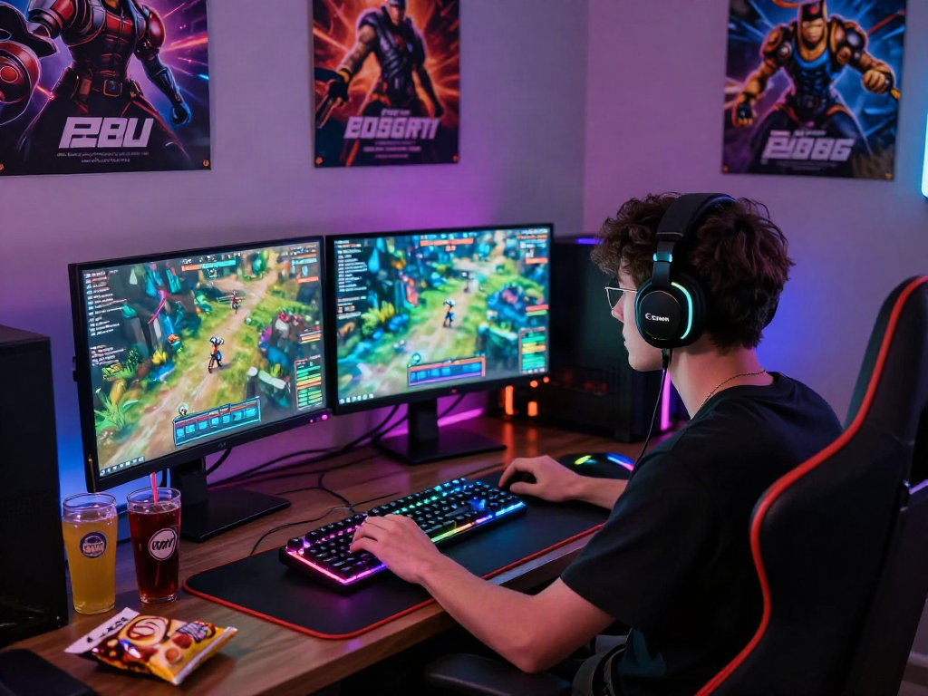 Engaging gameplay with rokok88 apk on a vibrant gaming setup showcasing laptop and accessories.
