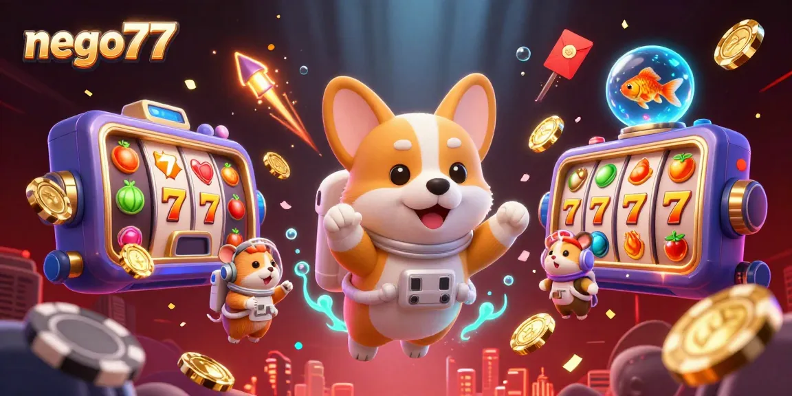 Engage with nego77's lively casino scene featuring floating corgi, drifting poker chips, and vibrant slot elements.