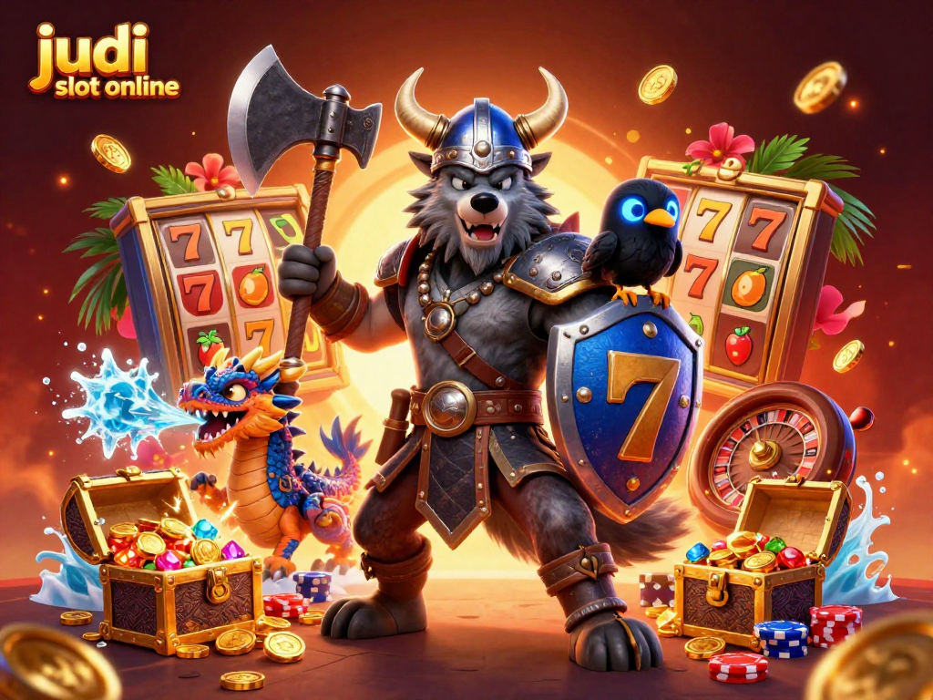 Permainan judi slot online menampilkan seorang pejuang serigala Viking dengan naga kecil, dikelilingi oleh simbol jackpot dan koin emas.