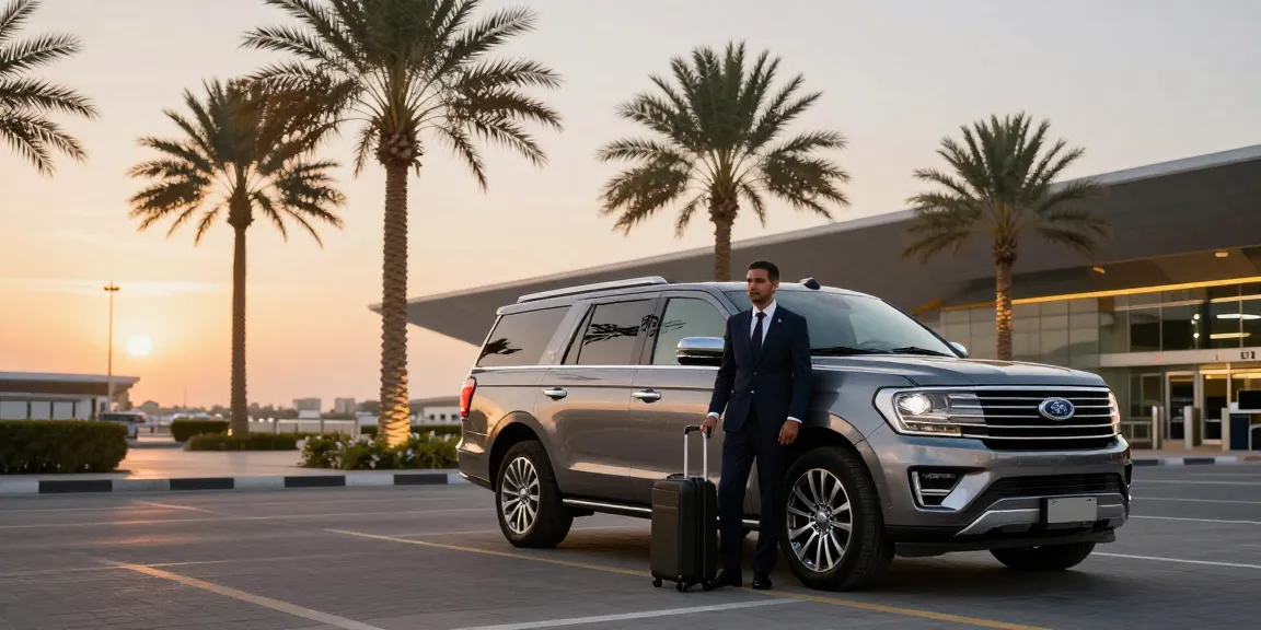 Luxury airport pickup Dubai with chauffeur beside sleek Ford Expedition at sunset.