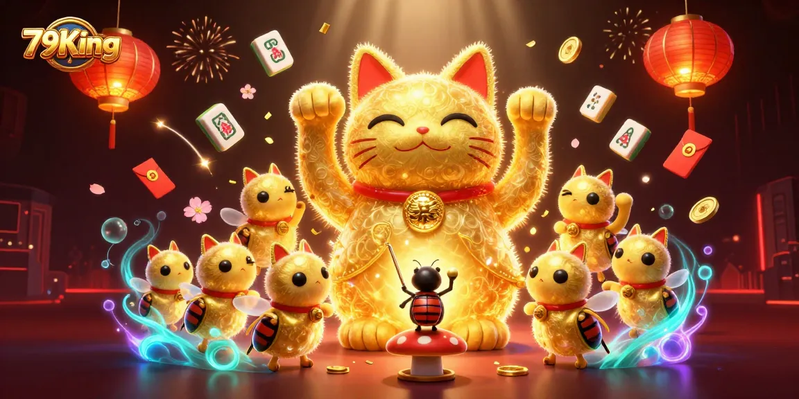 Experience the exciting world of 79King with a lucky cat illusion filled with vibrant casino symbols and festive elements.