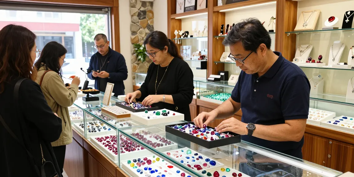 Discover vibrant gemstones at My Gem Spot, showcasing a lively market scene with buyers and diverse gemstones.