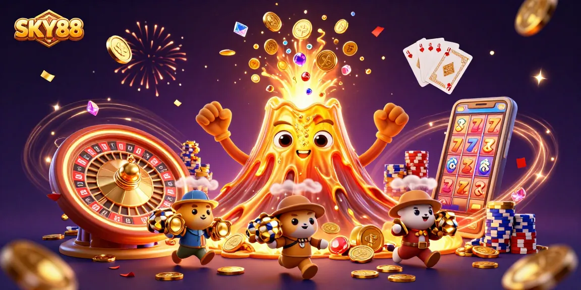Experience the thrill of SKY88 with a vibrant 3D illustration of a casino adventure filled with treasures.