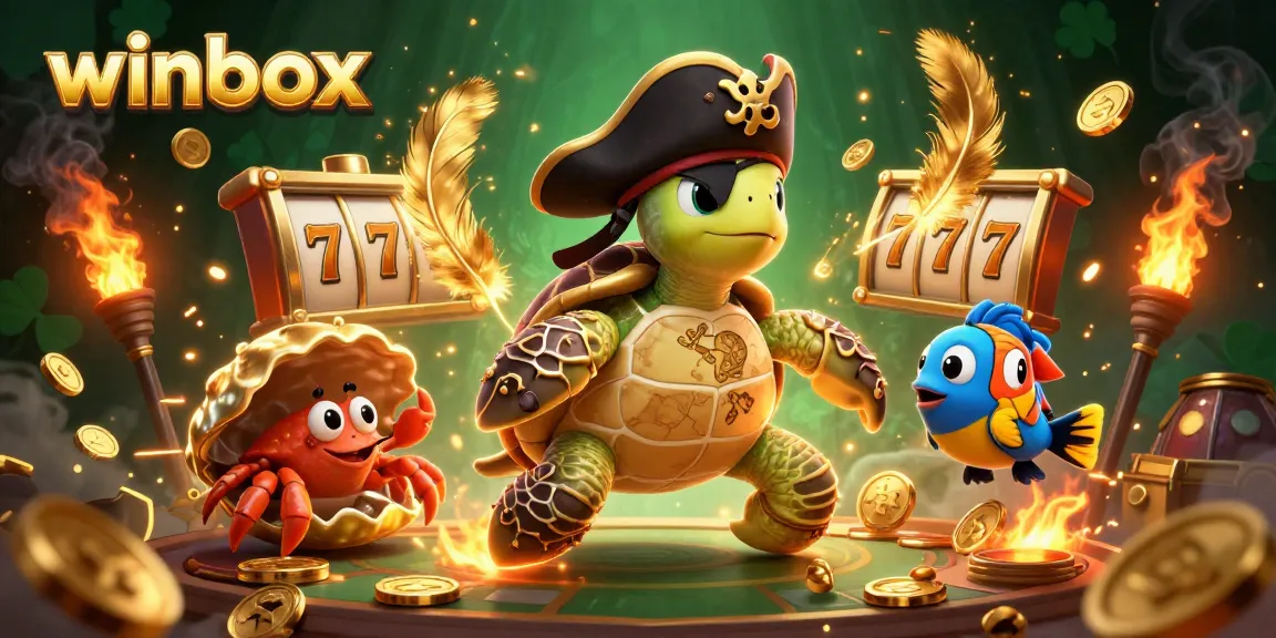 Experience the fun of Winbox with 3D cartoon characters celebrating over a treasure of gaming slots.