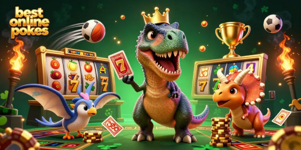 Engage with the best online pokies featuring a T-Rex shuffling cards and a triceratops stacking chips.